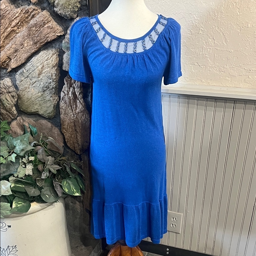 NWT Blue Short Sleeve Dress with Sheer Neckline